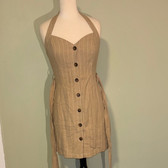 LOST & WANDER Chic tan/white striped Button-Down Halter Mini Dress size Small - Picture 11 of 13